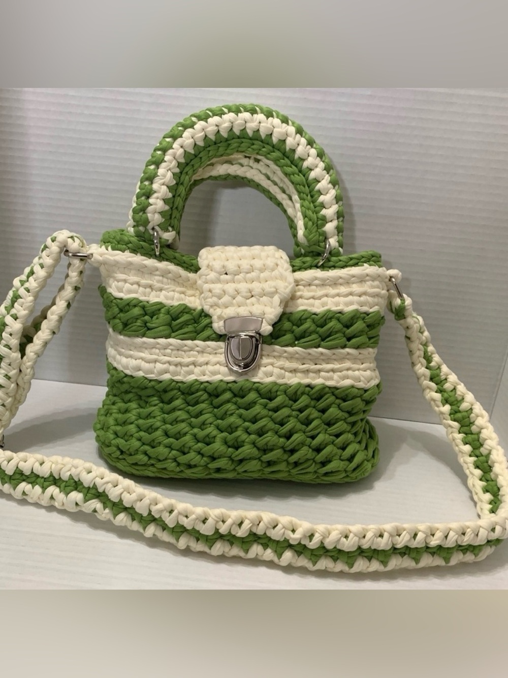 Handmade Crochet Bag Green and White Handwoven Crossbody with stripes